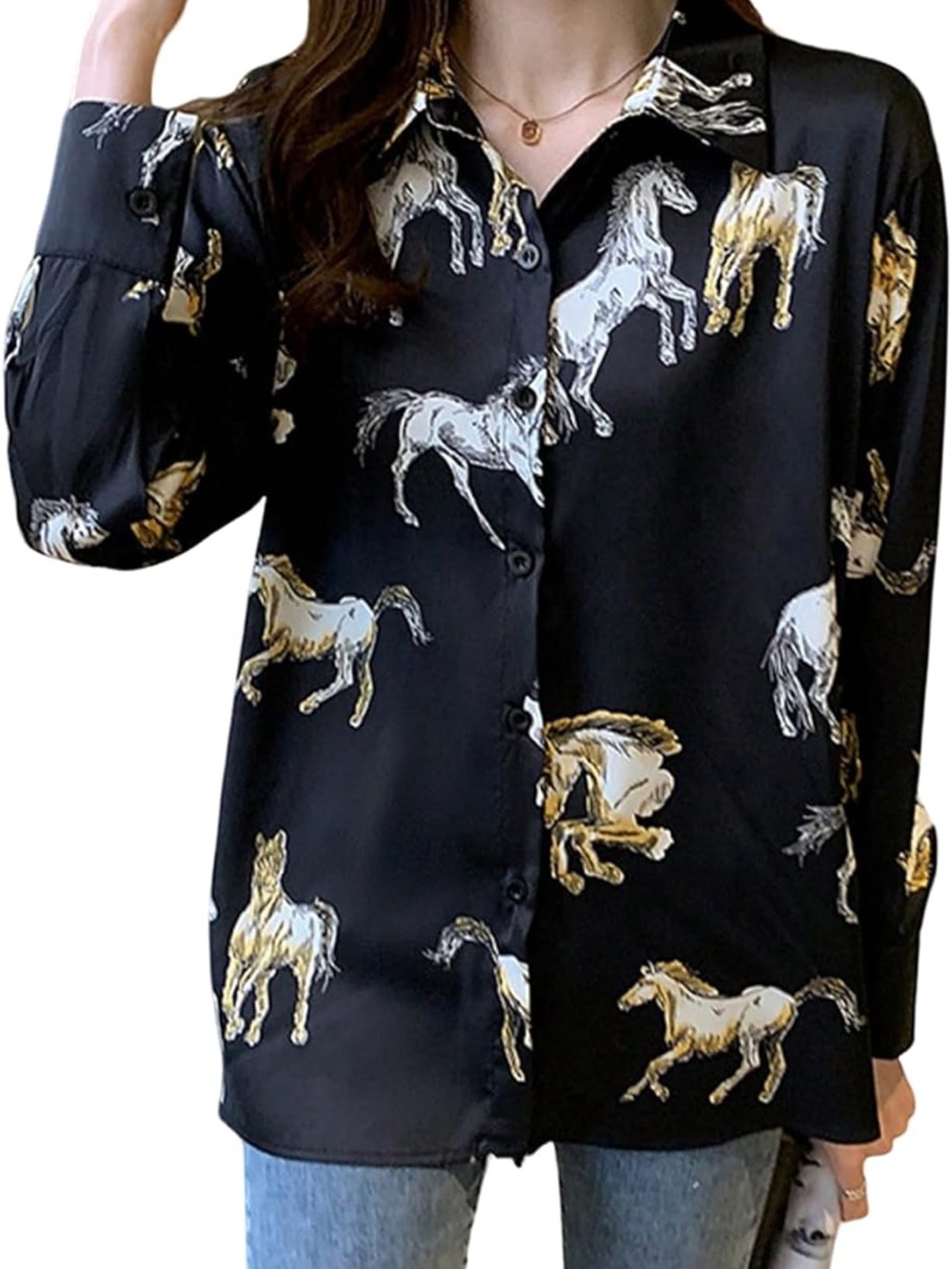 Black Horse Print Button-Up Blouse